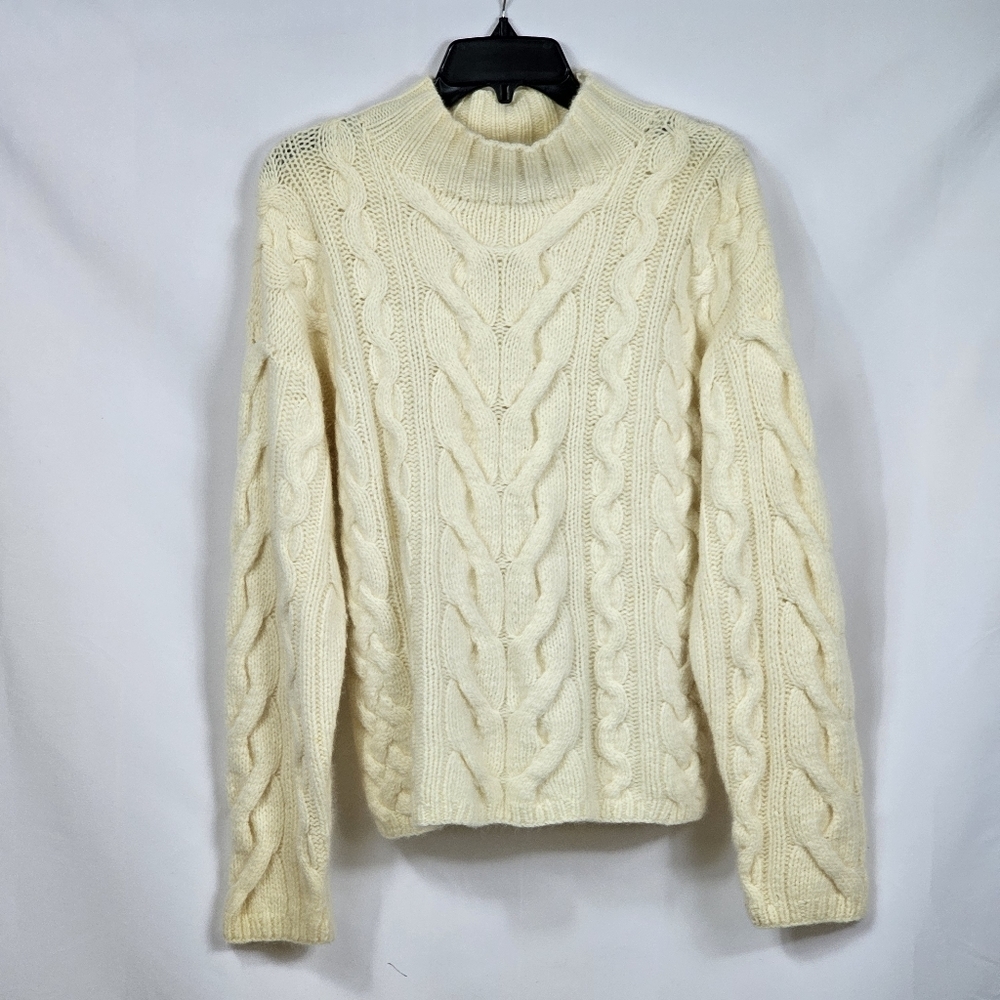 Limited Cream Chunky Cable Knit Sweater Lambswool Angora Blend Mock Neck L
